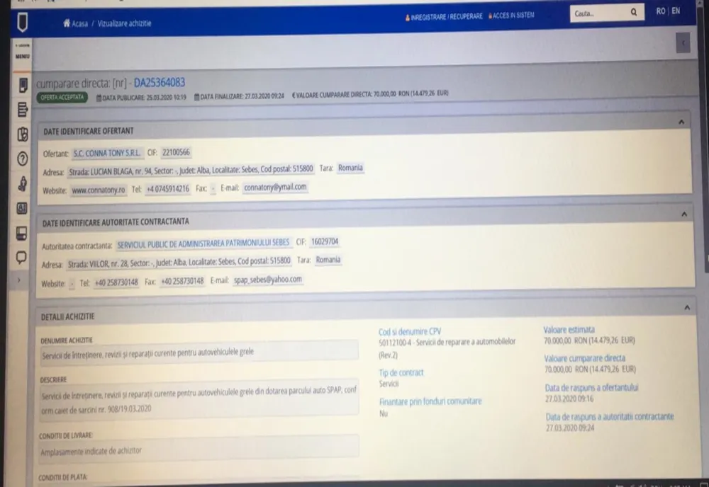 DOCUMENT : În plină criză provocată de coronavirus, primarul municipiului Sebeș aruncă 70.000 de lei pe reparațiile mașinilor